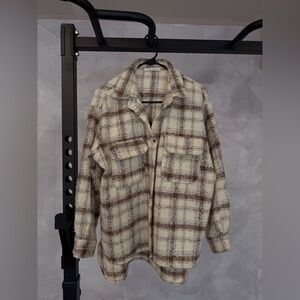 12th Tribe Cream and Brown Plaid Shirt Jacket